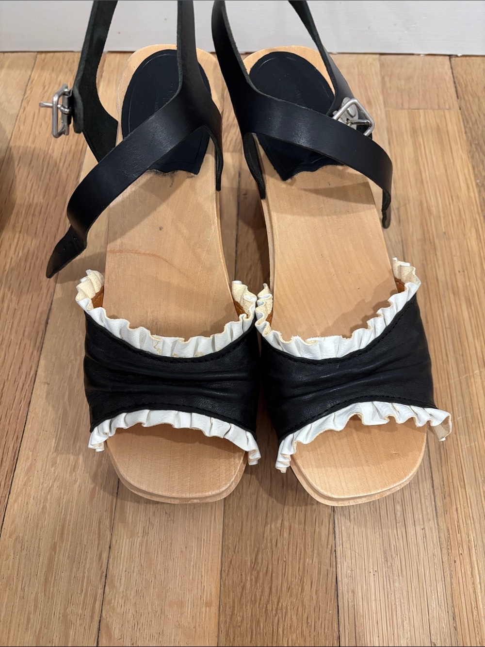 Swedish Hasbeens Black and White Ruffle Leather Slingback Sandals